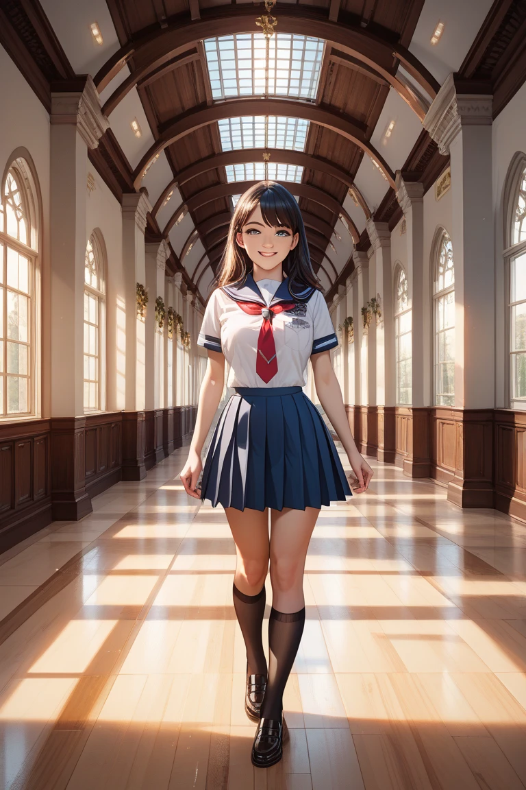 ((12year old girl:1.5)), 1 girl, loli, petite girl, complete anatomy, whole body, children's body, child, super cute, girl, little girl, beautiful girl, beautiful shining body, bangs,brown hair,high eyes,(aquamarine eyess), drooping eyes, petite,tall eyes, beautiful girl with fine details, Beautiful and delicate eyes, detailed face, Beautiful eyes, beautiful shining body, Smiles, happiness,
school uniform, thighhighs, serafuku, skirt, black serafuku, socks, classroom,akebisailor,blurry background,serafuku,
dark blue neckerchief,
natural light,((realism: 1.2)), dynamic far view shot,cinematic lighting, perfect composition, by sumic.mic, ultra detailed, official art, masterpiece, (best quality:1.3), reflections, extremely detailed cg unity 8k wallpaper, detailed background, masterpiece, best quality, (masterpiece), (best quality:1.4), (ultra highres:1.2), (hyperrealistic:1.4), (photorealistic:1.2), best quality, high quality, highres, detail enhancement,