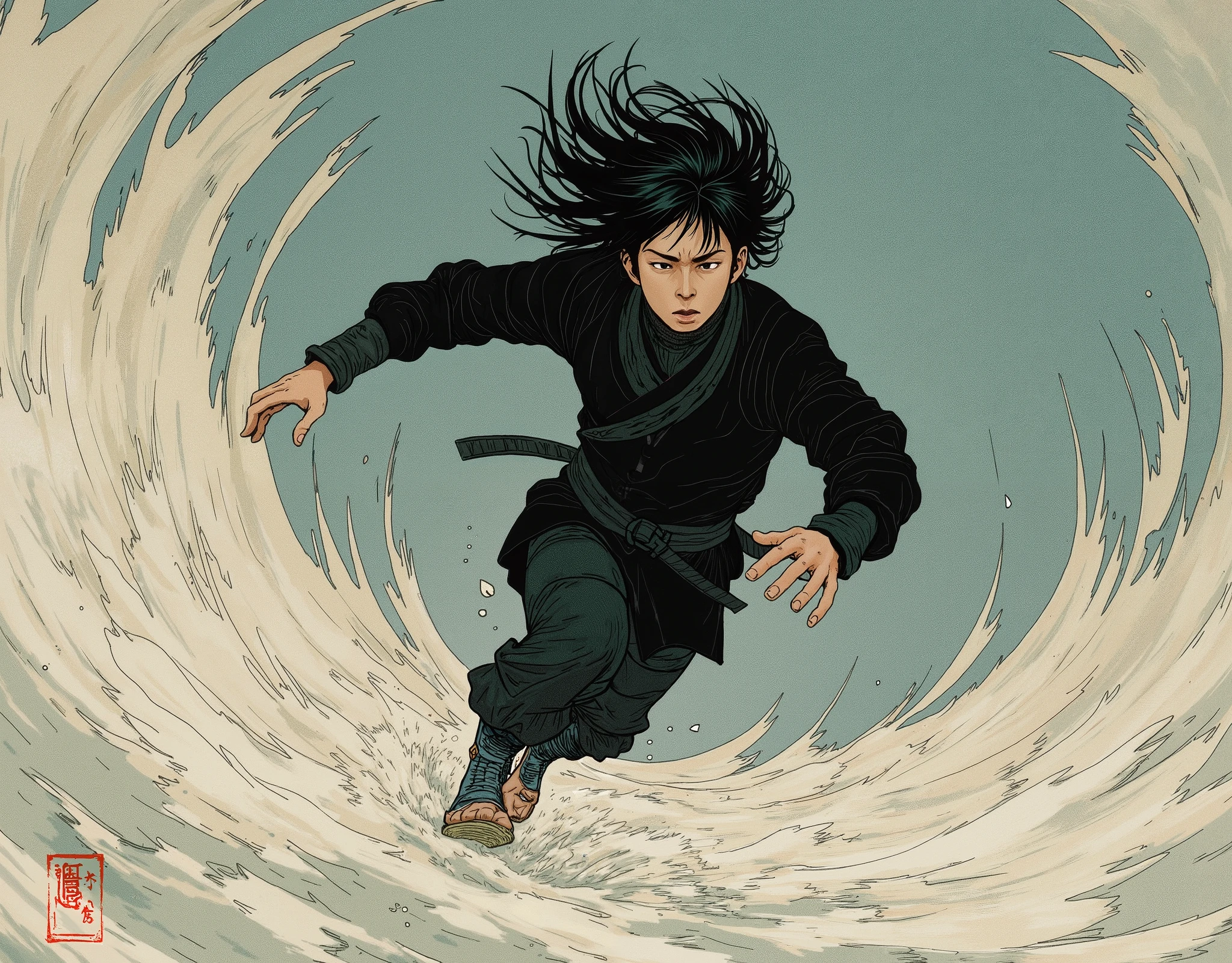 (masterpiece:1.2, Highest quality,high resolution,very detailed),8k,16k,wallpaper,(Walking in the wind),(Super Detail),( Ukiyo-e:1.6),Ninja runs through the wind tunnel, black hair,random hairstyles,( Wind Ninja ),(Black Costume),(detailed faces:1.3),(humpback:1.3),(The background is Wind Tunnel:1.6),hair blown in the wind,(dynamic),(anime artwork),(motion blur),( detailed hands:1.6)