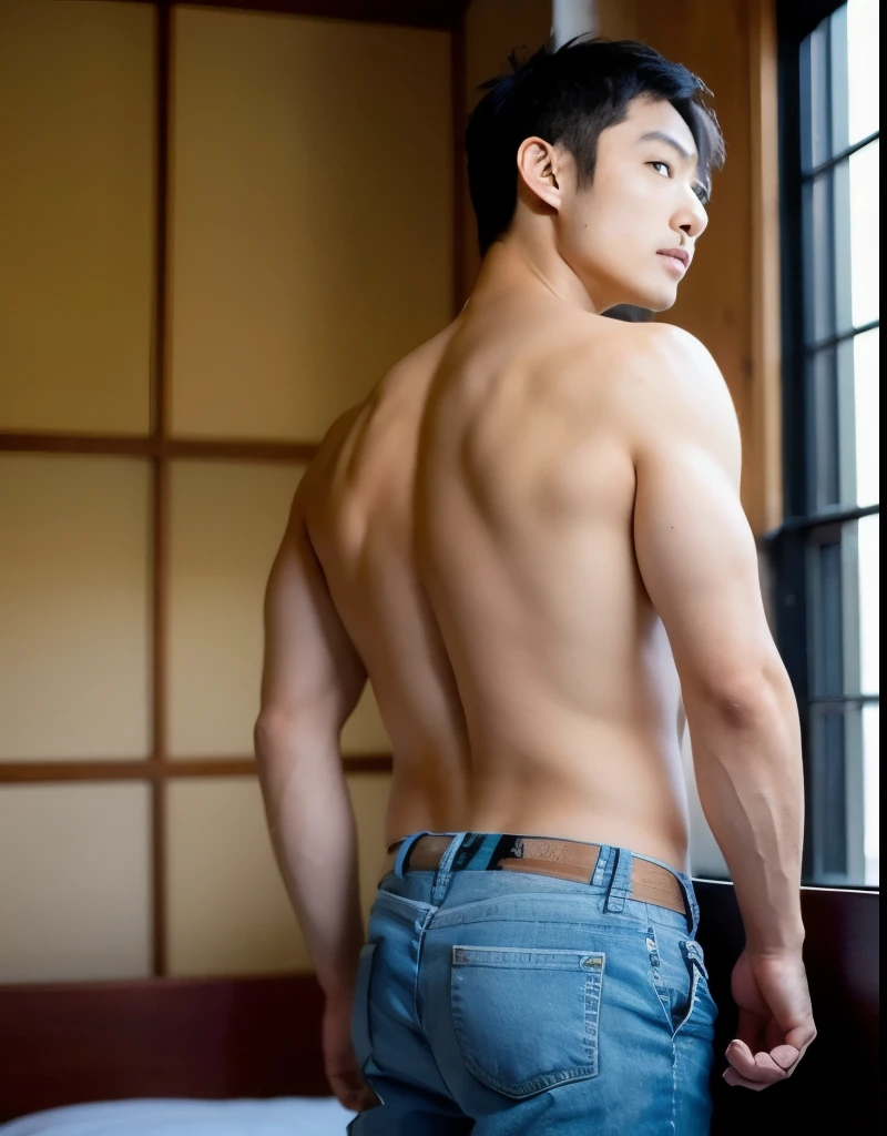 (highres,ultra-detailed),(photorealistic,realistic:1.37), early teenage boy in Japan, slim, hip, cute, shirtless, taking off navy boxer brief, facing camera with his backside