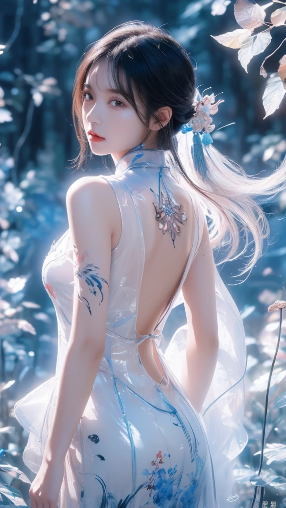 (((masterpiece))),(((best quality))),((ultra-detailed)), ((illustration)),floating, ((an extremely delicate and beautiful)),(beautiful detailed eyes), (painting),(sketch),((neck)),(((back))),(looking back), blush,dhalter dress, backless dress ,hyper detailed,eyes,(black hair),upper body, (((Clear face))),((Clear eyes)), bangs, serious face, (((Chinese cloth,ornament))),{Ink painting style},{Ancient Chinese style},very long hair,disheveled hair,messy_hair,white hair,flowing hair,wind,glowing eyes,cinematic lighting,everything floating,Extremely gorgeous,legend,epic,feather, leaves, nature, (sunlight), river, (forest),(painting),(sketch),((loli:1.3)),{petite},{cute face},((flat chested)),(Sketch),(laurel crown ),(((beautiful detailed sky,smooth))),(soft),((beautiful detailed eyes and face)),(neck ring),(necklace),(pendant),((white dress)),(detailed light),(beautiful detailed eyes),shinelight ),(lighting particle),(colorful),((((Chinese ink painting))), ((((Ink dyeing)))),