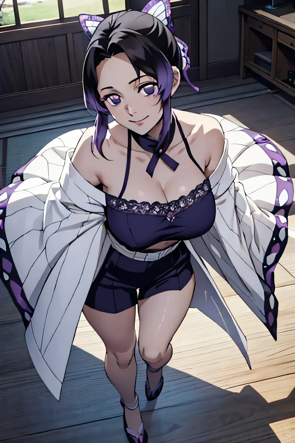 Ultra-realistic 8k CG， masterpiece，（（very detailed background， delicate pattern，complicated details）），best quality， masterpiece, very detailed background,  delicate pattern，Superb craftsmanship and attention to detail, Very detailed face，very detailed eyes and face，， Extremely Fine Particles ，Kocho Shinobu， Multicolor Hair， No bangs  ，  hair intake  ，purple eyes， uri， butterfly， band，（Heatband garden：1.2），  purple flower ，mostly cloudy null， sunshine， Tyndall phenomenon ，slope_null，face，beautiful null，Sabre on waist， seductive posture ，((Full body shot from above)), （ Décolletage ,  clavicle , foot,  thighs, Sweaty white skin, Nipples, 笑face, smiles), （ off-shoulder outfit:1.6),  down blouse that shifts the chest