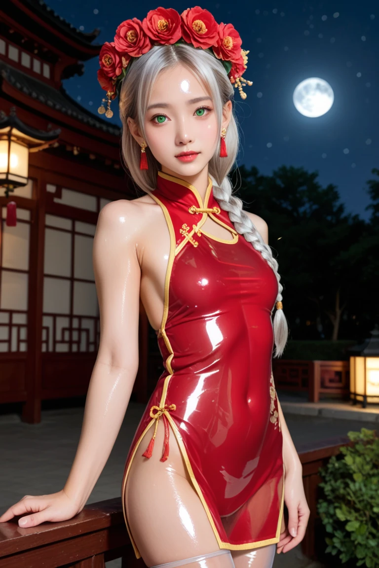 Woman in rabbit costume, real life style, (((Top Quality, Masterpiece: 1.3)), (Russian Beauty)), 1 female, 16 years old, Big: 1.3, Slender Body Type: 1.1, Toned abs, Blonde Semi-Long Hair, Ultra Detailed Face, Detail Lips, Detailed Eyes, Double Eyelids, Smile, Look Right, Jump, Brown Eyes, Super Wide Shot, (((Cheongsam)), Red