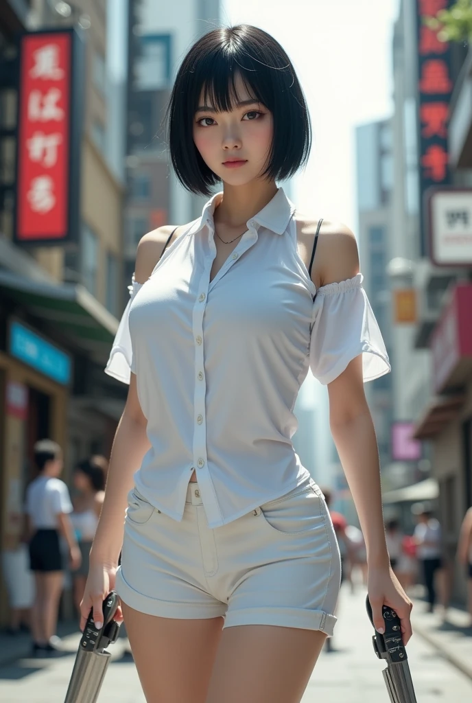 (Masterpiece: 1.3), (Photo Realisticity: 1.2), (Very Detailed CG: 1.0), (Complex Detail: 1.2), Textured Skin, {Best Quality}, {Highres}, Beautiful and Charming Girl, Bust Photo, Sexy Beautiful Legs, 18 years old, Delicate and charming little face, Smiling, Slim and charming body, Delicate and charming collarbone, Sapphire necklace, air bangs, Black hair, bright big eyes, pink lips, double eyelids, deep cleavage, (transparent white silk shirt, skinny denim super shorts), standing in front of subway station waiting for train, bright background, 8K HD, super detail, high quality texture, complex detail, detailed texture, fine detail, high detail, very detailed CG, delicate beautiful and delicate face