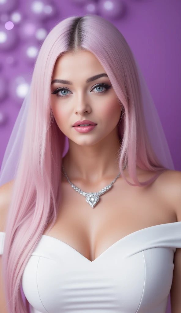 Women (age 27),It was as severe as it was sensual.,voluptuous,Hair (loose white color), Eyes ( they are purple),wear a dress (negro)with V neckline,a silver necklace with rubies