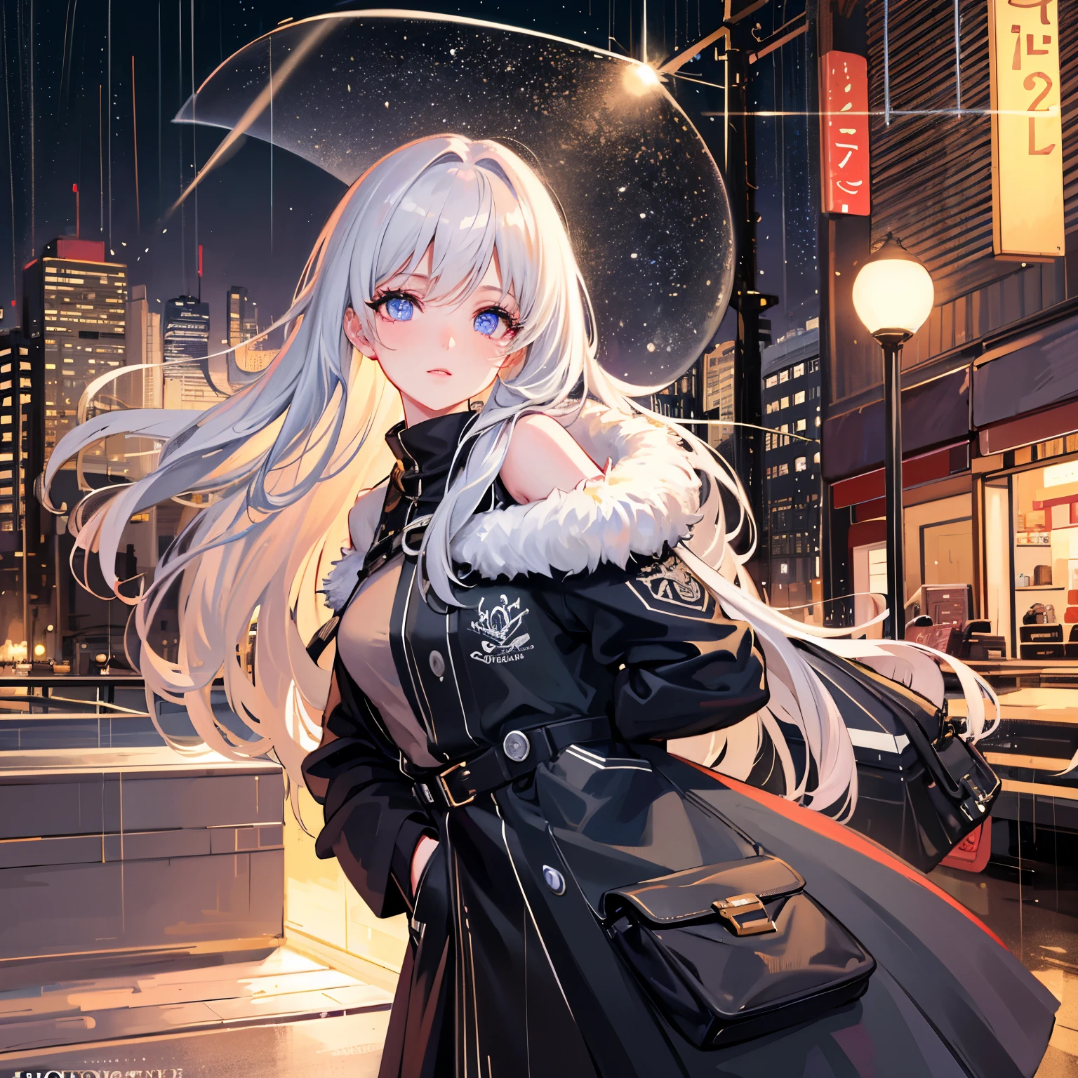 1girl,night city,rain,coat,hands in pockets