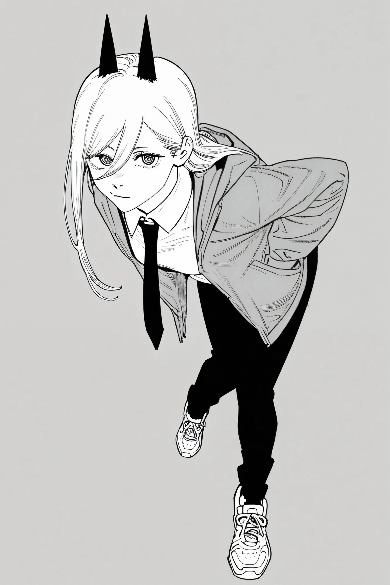 score_9, score_8_up, score_7_up, score_6_up, score_5_up, score_4_up,
BREAK
(masterpiece: 1.0), best quality, perfect anatomy, perfect composition, perfection, 4k resolution, absurdres, very aesthetic, professional artwork, absolutely beautiful, lineart, line art, greyscale, monochrome
BREAK
line art, four fingers and a thumb, timbrook, 1girl, black necktie, necktie, solo, long hair, horns, shirt, jacket, white shirt, pants, black pants, footwear, collared shirt, shoes, simple background, power \(chainsaw man\), hands in pockets, facing viewer, looking at viewer, ringed eyes, leaning forward, close-up, from above, upturned eyes,