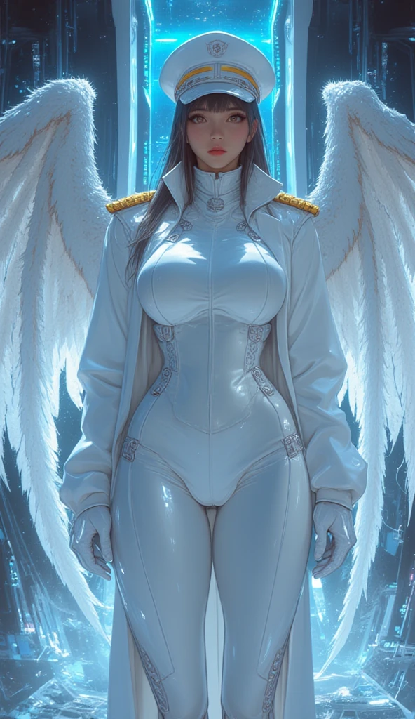 8k ((full body view:1.5)) (large eyes:1.3), defined cheekbones, 1woman, ((pointy horns:2.0)), ((the pit style:1.4)) ((defined jawline:1.2)) ((sleek majestic bodysuit:1.6)) (detailed face:1.5), blue skin,(puffy lips:1.5) (blue skin:1.6), (bald woman:1.7), (skinhead) ((stands confident)),(Muscular:1.3), ((gigantic breasts:1.8)) ((front view:0.6)), )highly detailed, majestic, digital photography, art by artgerm and ruan jia and greg rutkowski, ((metal wings on back:1.4)), (masterpiece, sidelighting, intricate details, (((black color palette)))