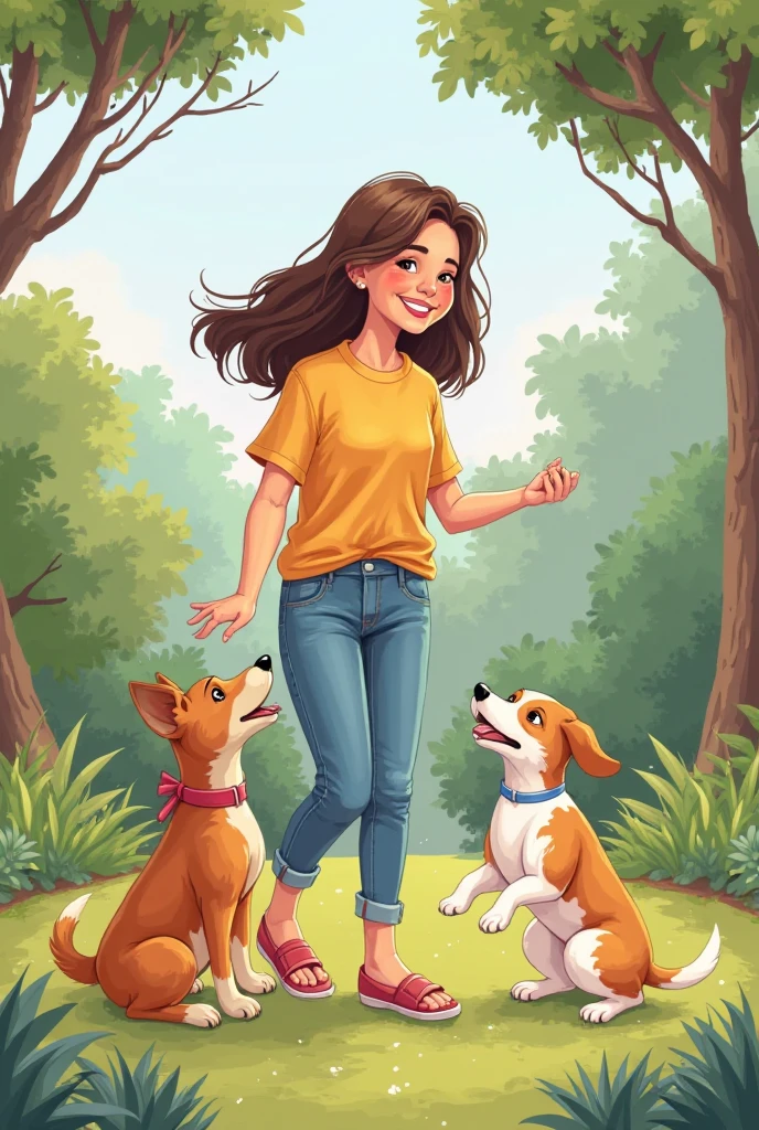 cartoon of a 40-year-old woman playing with a dog