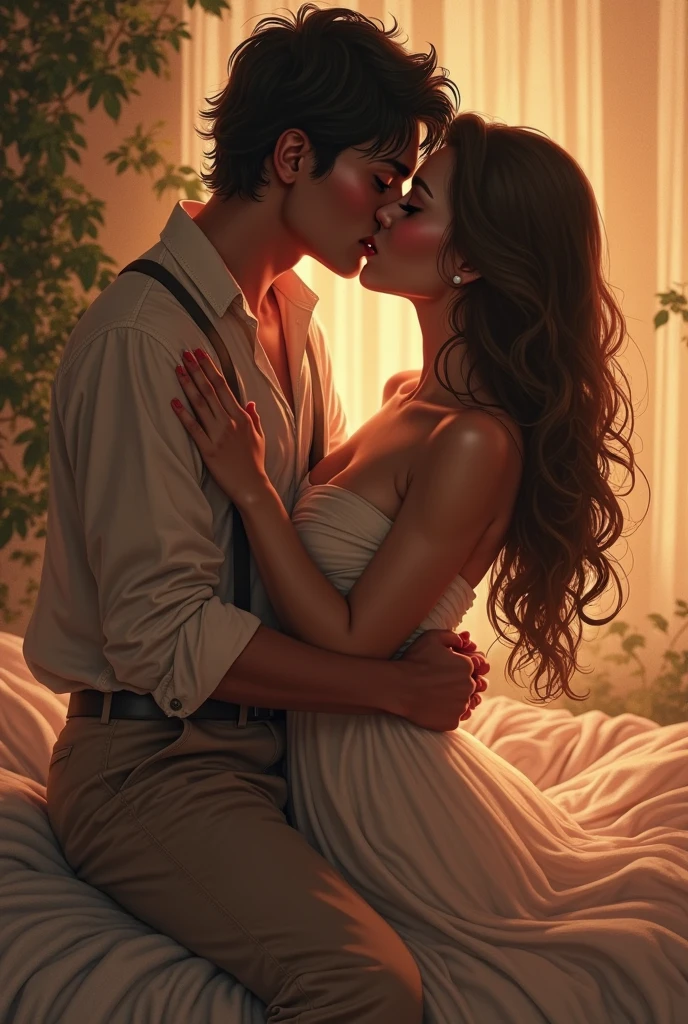 19TH CENTURY MAN AND WOMAN DURING A PASSIONATE KISS, He has blond hair, SCULPTURAL BODY AND IN A SHIRT, wear black pants. SHE HAS LIGHT BROWN SLIGHTLY CURLY HAIR. THEY ARE LYING ON A SIMPLE BED. HE IS ON TOP OF HER, BOTH HAVE THEIR EYES CLOSED IN A MOMENT OF LOVE. THE WOMAN IS WEARING A SIMPLE SWEATER, CLOTHES MUST BE FROM THE 19TH CENTURY