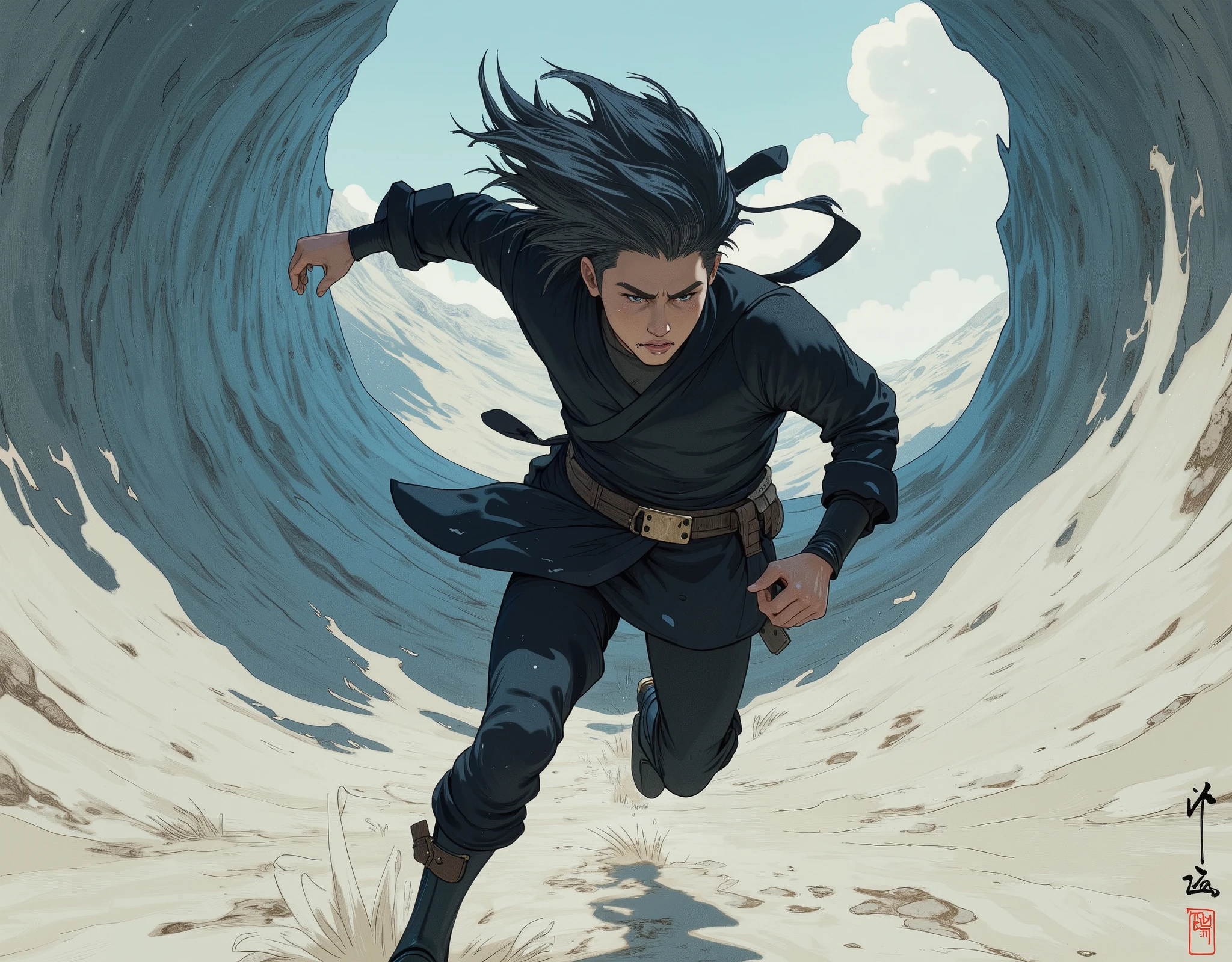 (masterpiece:1.2, Highest quality,high resolution,very detailed),8k,16k,wallpaper,(Walking in the wind),(Super Detail),( Ukiyo-e:1.6),Ninja runs through the wind tunnel, black hair,random hairstyles,( Wind Ninja ),(Black Costume),(detailed faces:1.3),(humpback:1.3),(The background is Wind Tunnel:1.6),hair blown in the wind,(dynamic),(anime artwork),(motion blur),( detailed hands:1.6)