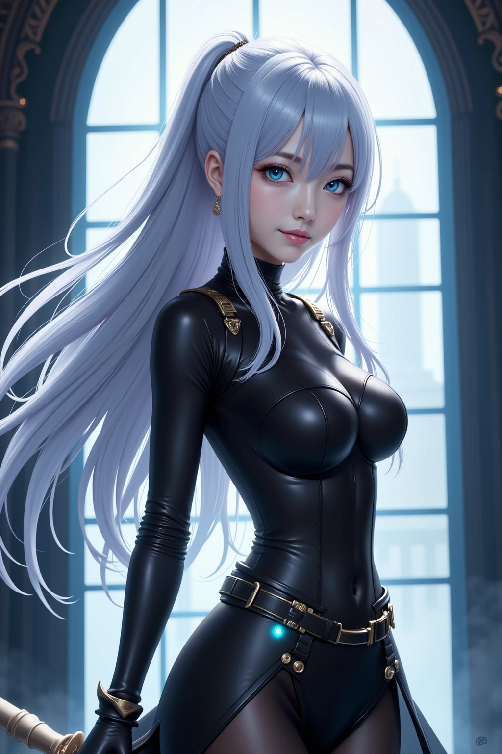 A woman with black hair and white hair highlights, wearing a leather cropped top with sleeves and gloves, a belt, and a belly button piercing, biting her lips, with beautiful blue eyes looking directly at the viewer in a sexy pose, set against a highly detailed city background, best quality, 8k, masterpiece, ultra-detailed, realistic, photo-realistic, studio lighting, vivid colors, concept art