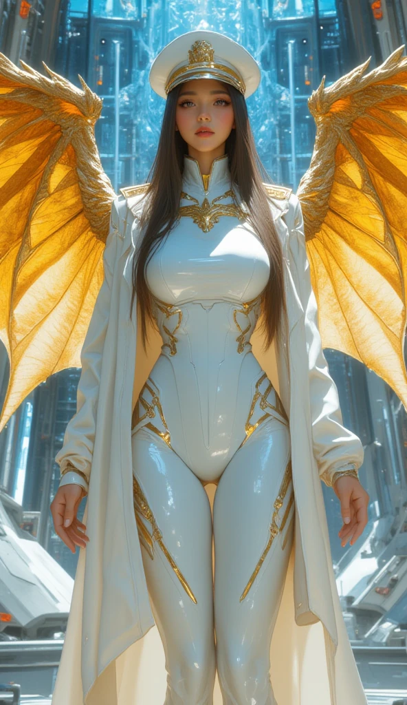Photorealistic image, cyborg succubus with ((white Glossy plastic skin)), glossy and reflective surface, ((white demon wings)), rule of thirds composition, golden hour lighting, Inside Cathedral, high contrast,cyborg,dynamic Angle,Full Body