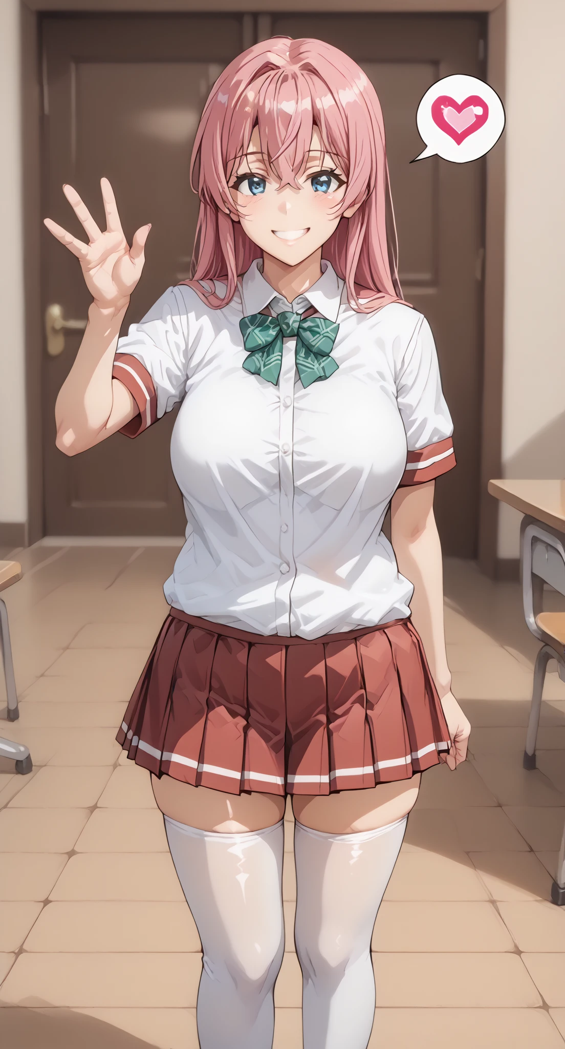 ((masterpiece)), (HQ), (4K), (high detailed), (best quality), (detailed face), (beautiful, cute, pretty girl), (18yo girl in crowded classroom with arms behind head), (girl standing with feet wide apart), (high ponytail), (pink hair), (petite, slender, skinny), (girl is shocked, nervous, shy), ((small medium boobs)), (topless), (wearing dark blue plaid pleated skirt), (only one naked), (blushing:1.5), (skinny thighs), (bare shoulders), (bare neck), (bare arms), (bare chest), (crowd of people), (lots of people)