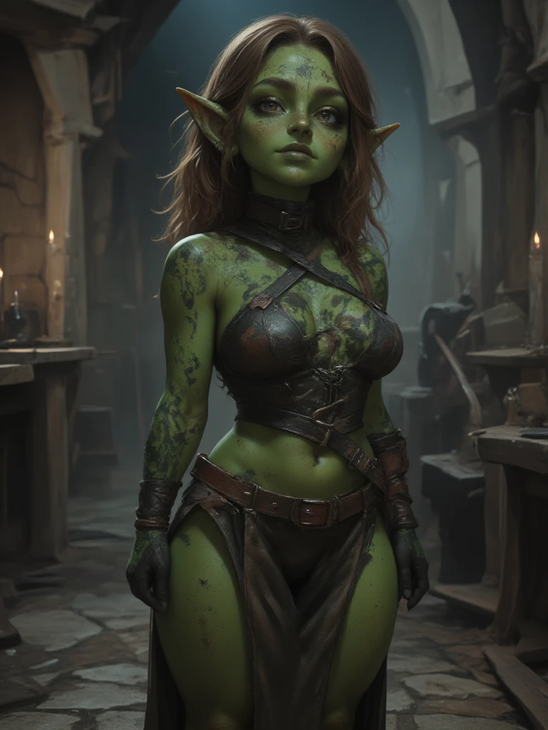 ((best quality)), ((masterpiece)), (detailed), dungeons and dragon character, hyperealistic, 1girl:2.00, half-orc girl, ((((dark green skin)))), ((short red hair)), [who is posing for a photo], holding a lute in the left hand, wearing studded leather armor, ((brown freckles)) can be seen all over her exposed body, has almond-shaped but large emerald green eyes, (((brown horns)) (curved backwards and short), two barely visible (fangs), slender body, studio photo, small breast, tits size 2, ((small tits))