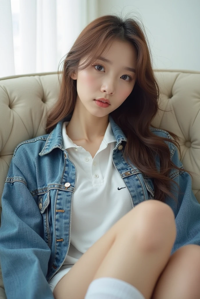 ((Top Quality, 8K, Masterpiece: 1.3)), Focus: 1.2, Full Body Photo, T-shirt, Oversized T-Shirt, Graphic T-Shirt, Logo Design T-Shirt, Heavyweight T-Shirt, (Sneakers), (Skirt: 1.5), Perfect Body Beauty: 1.4, (in a café), Fashionable café, highly detailed face and skin texture, full body, delicate eyes, double eyelids, whitening skin, long hair, (round face: 1.5), long hair,