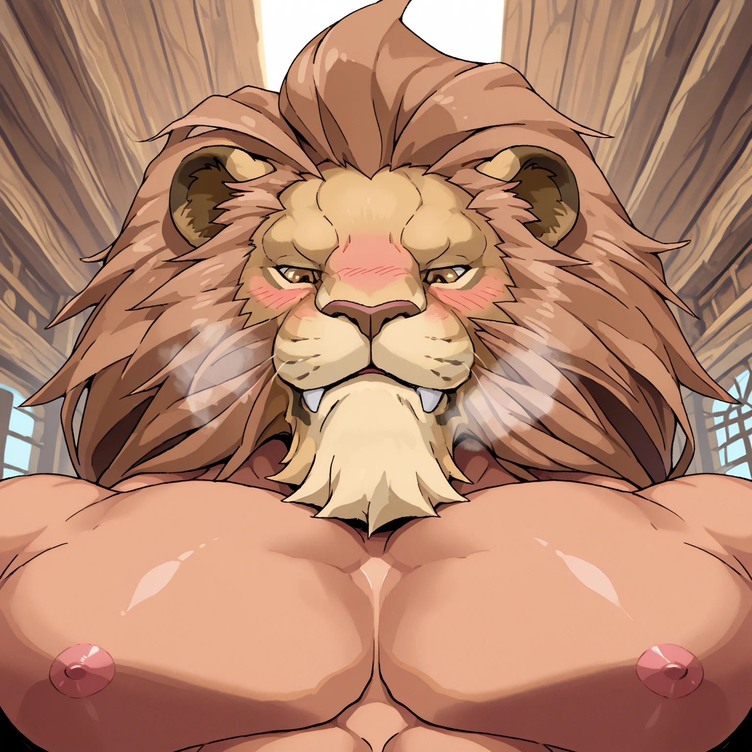 Duo, score_9,score_8_up,score_7_up, score_6_up, source_anime, Anthro, tsunade senju, she is an Anthro furry female lion, brown eyes, lion ears, blonde hair, snout, brown nose, tall, naked, lioness tail, pov, sex, cowgirl position sex, she is fucking a faceless human male on a bed, human male is cropped out, on a bed