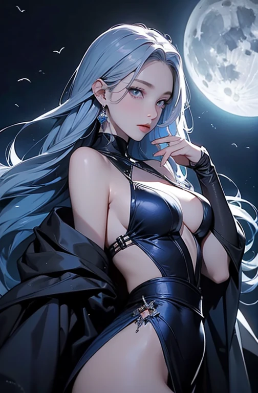 8K, Top Quality, Intricate Details, Ultra Detail, Ultra High Resolution, Masterpiece, random angle, Slender, Smile, (Makeup: 0.4), (Fluffy Blue Eyes: 1.21), blue Eyes, looking at viewer, ((full body)), 1girl, solo, 1 girl, (( full body)), close up shot, , ((tall)), (((fit body))), (((slim face))), sharp face, sharp eyes, (((deep blue hair, long hair, )) (detailed face), sharp face, small lips, arm up,
((cape)), detailed face, detailed breast, , large breast, detail ass, , Beautiful girl with accentuated slender abs: 1.4, Six Pack Abs: 1.4, Bust Botox, Big, Perfect Body, detail leg, (( moonlight)), top of mountain