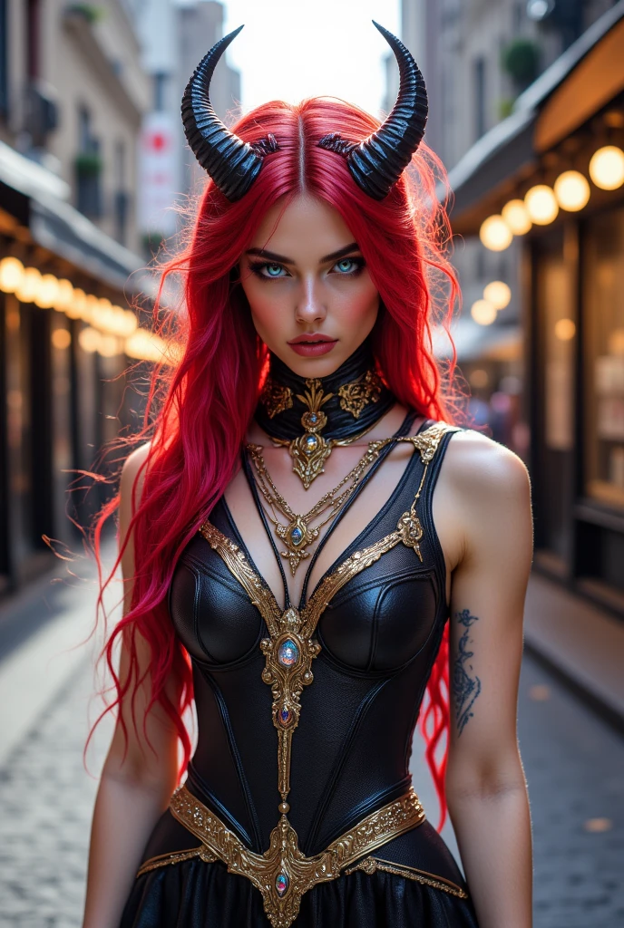 (photorealism:1.2)

Extremely sexy alluring, seductive and evil pink haired woman with a curvaceous and voluptuous body. She has curved horns on her head and icy blue eyes. Very revealing bodysuit and evil smirk on her face. medieval background. She’s the Queen Of Sin.