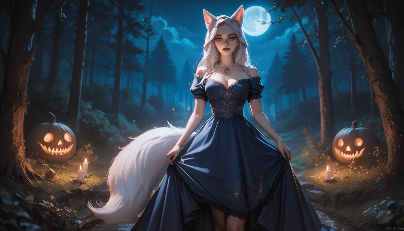 Ari the white fox, sexy, in dark blue clothes, in the forest, art fantasy at night, medieval dress, dark tones of the night, night time atmosphere, focus on the night, gloomy, Horror style