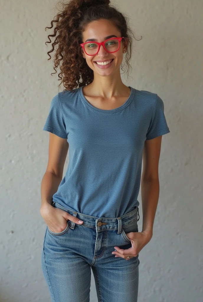 Cute Teenager young girl, Brown hair, adorable attractive, innocent and friendly. Adorable little freckles on her cheeks. Short hair, lots of hair, short wavy hair. A color dark blue short-sleeved shirt with pants color khaki. Slightly playful, flirtatious and calm facial expression. Really Big breasts ((big breasts)) ((realistic photo)) ((Nice house)) ((Looking at the viewer))