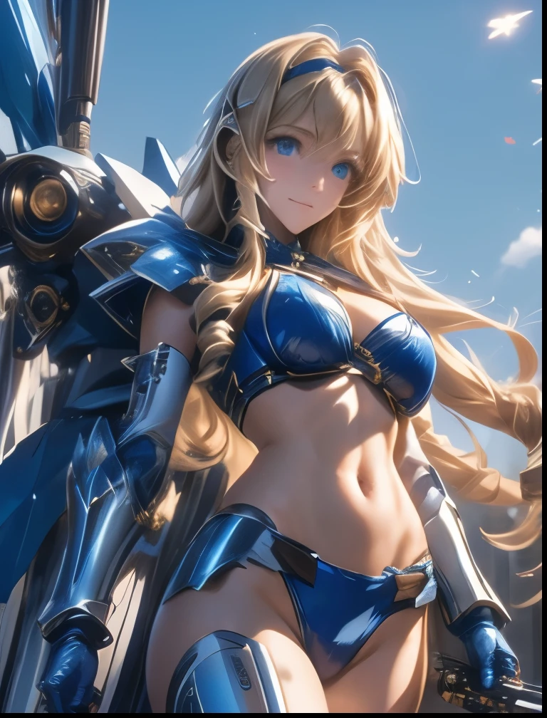 (Adult female:1.5)、Very detailed、highest quality、Best image quality、masterpiece、8k、Anime Face、A kind smile、(Open your mouth:1.3)、Sparkling blue eyes、(Blonde Wavy Hair:1.5)、Muscles of the whole body、(highleg:1.5)、Thigh belt、(Wearing white bikini armor:1.5)、(Cowboy Shot:1.5)、(foot armor:1.5)、(Put on a helmet:1.5)、(SFW Giant:1.3)、Waist armor