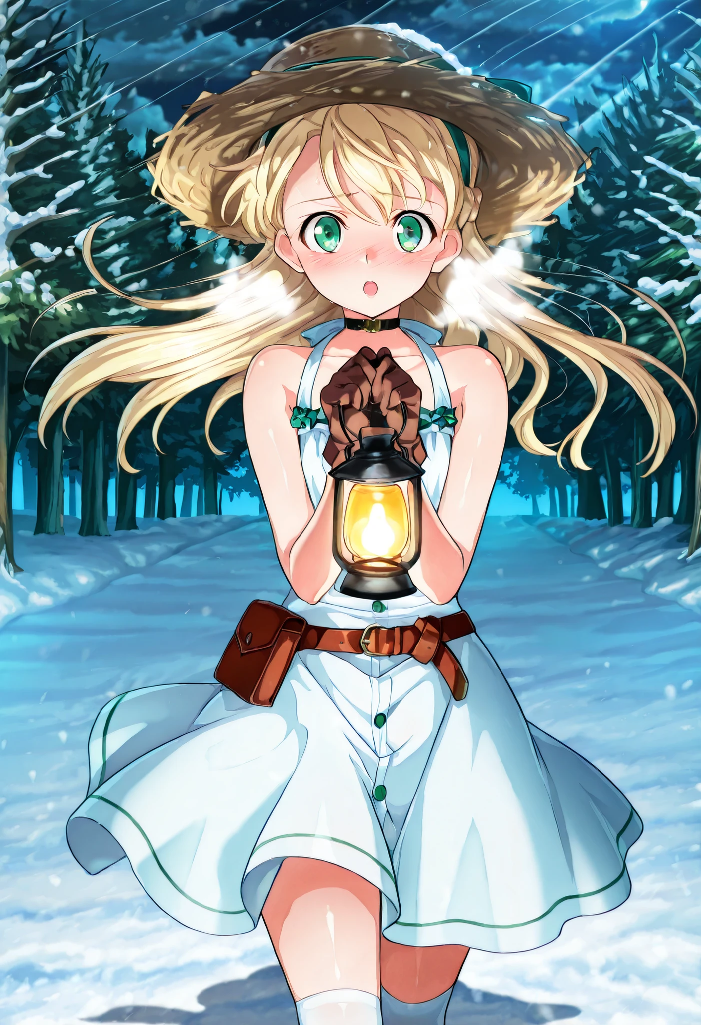 absurd, (absurd_resolution), masterpiece, best quality, (best illustration), (best shadow), ultra-High resolution, score_9, score_8_up, score_7_up, BREAK source_anime, (1girl, solo), shiny skin, perfect eyes, anime style, detailed eyes, anime_coloring, anime_screencap, blonde hair, green eyes, hairband, French braid, choker, jewelry, belt, pouch, white dress, sundress, sleeveless dress, white knee-highs, sun hat, hat, :o, floating hair, looking at viewer, holding lantern, night, gloves, worried, blush, nose blush, heavy breathing, forest, snow, storm, walking, cowboy shot,