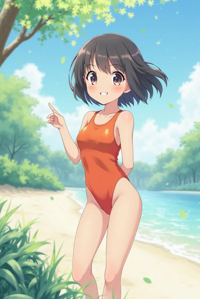 ((4K, 8k, Highest quality, Perfect Fingers:1.3, Perfect Anatomy:1.3, Blur the background)), 1 person, ((Small breasts, Cute droopy eyes, short hair, Brown Hair,)), Laughter, (Trichrome, One piece swimsuit), An angle that captures the whole body, White sand beach, smile, Open Mouth,