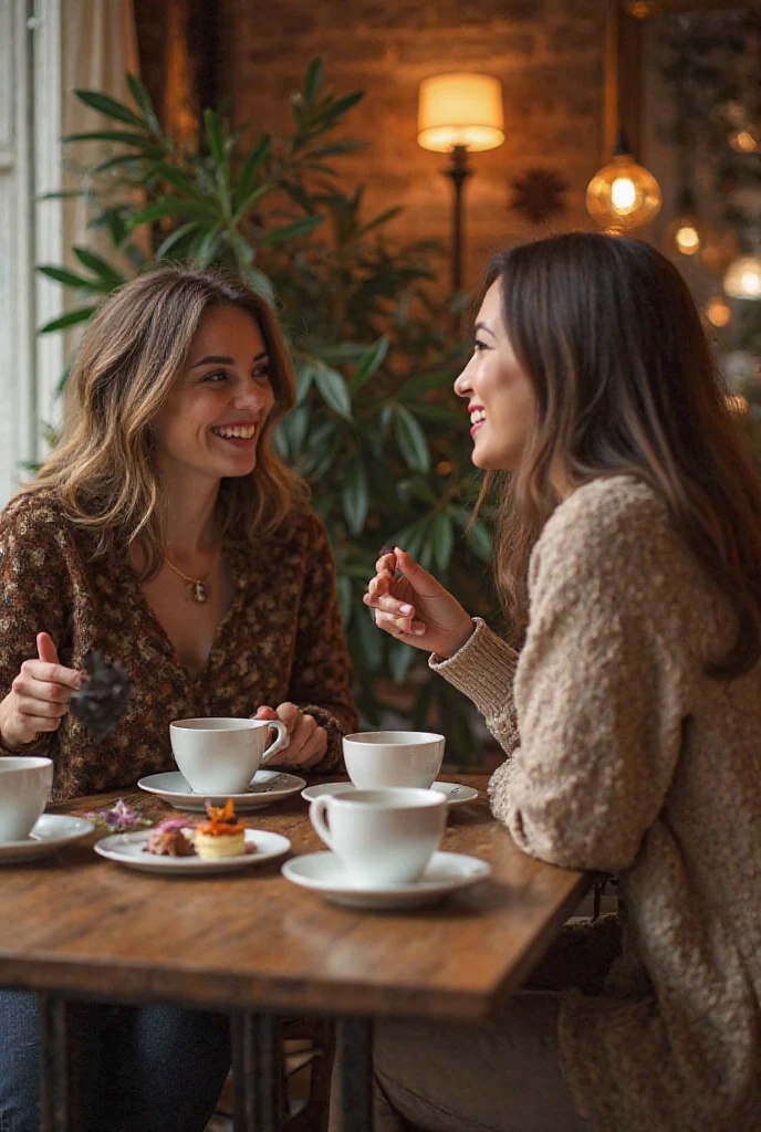 In an endearing close-up photograph, two close young european woman, with radiant smiles and sparkling eyes, sitting in a cafe and looking directly at the viewer. The genuine bond between them is evident in their warm expressions. The background, beautifully blurred through a high depth of field, accentuates the focus on their heartfelt connection. Captured in a Photographic style with a 50mm prime lens, ensuring exquisite facial details and a natural perspective that brings out the authenticity of their friendship.