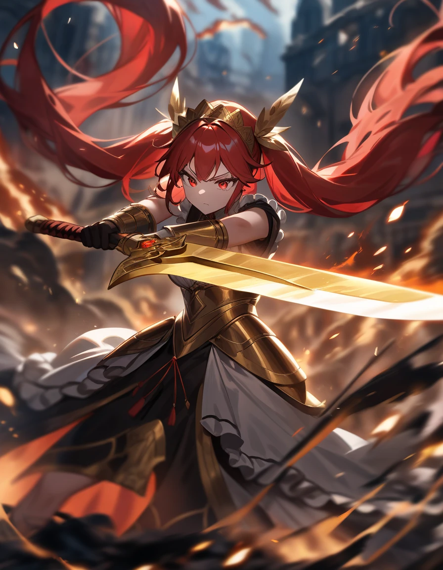Machine equipment maid clothes Gold twin tails breasts are small battle 1 girl, high resolution, Gold, twin tails, red eyes, Katyusha, Swinging Down the Sword