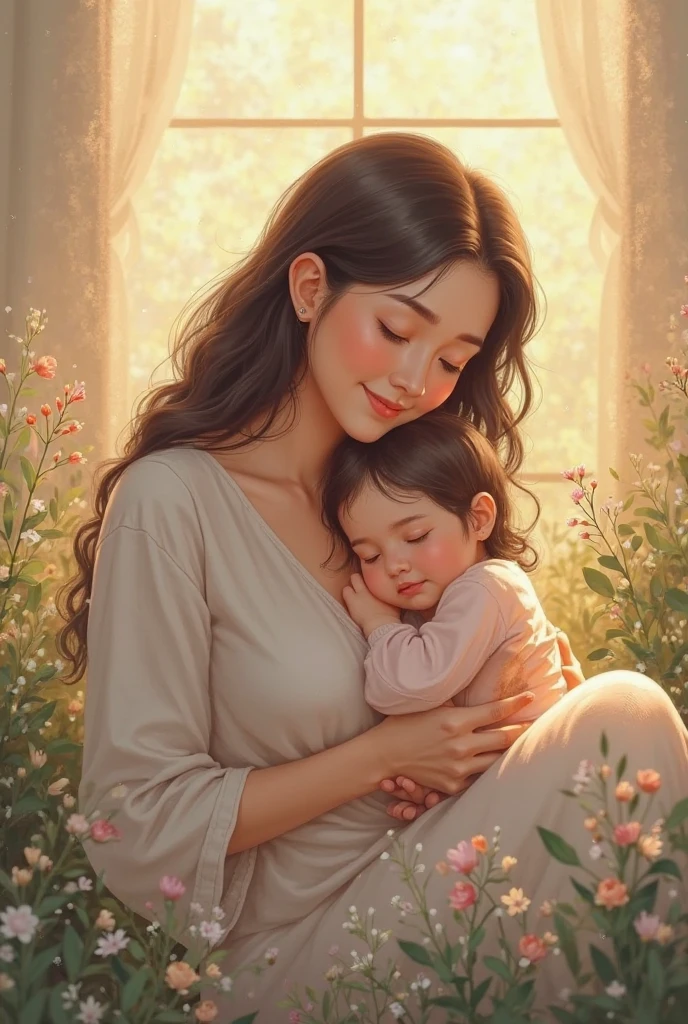 there is a woman that is holding a in her lap, A beautiful artistic illustration, maternal photography 4 k, Beautiful digital illustration, Digital Illustration -, cute numbers, Beautiful digital illustrations, Serenity illustration, Mother, Cartoon style illustration, Beautiful illustration, Stunning digital illustrations, maternal, Motherly, Beautiful digital artwork, cute numbers艺术, fantasy illustration, More detailed illustrations