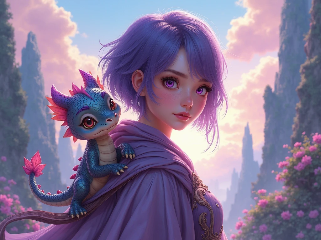 potrait of 5 year old princess with brown eye in a magical forest with her pet dragon. The dragon resembles part unicorn and shiny rainbow scales.
