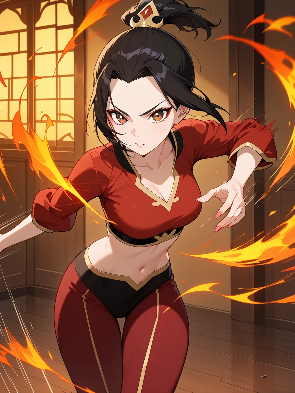 1 girl, long black hair with a ponytail (avatar style), red fiery eyes, beautiful, light skin color , wide shoulders, thin waist, medium breasts, defined thighs, thin, defined lean , showing abs ,wide hips, medium ass, avatar style, dark red tank top from the fire nation (avatar), long skirt(avatar style), showing the thigh , striking with the legs, kicking an opponent, kicking in the air, fiery in legs, fiery kick, flame wheel, flame charge, flame kicks
