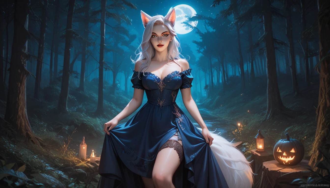 Ari the white fox, sexy, in dark blue clothes, in the forest, art fantasy at night, medieval dress, dark tones of the night, night time atmosphere, focus on the night, gloomy forest , Scary forest