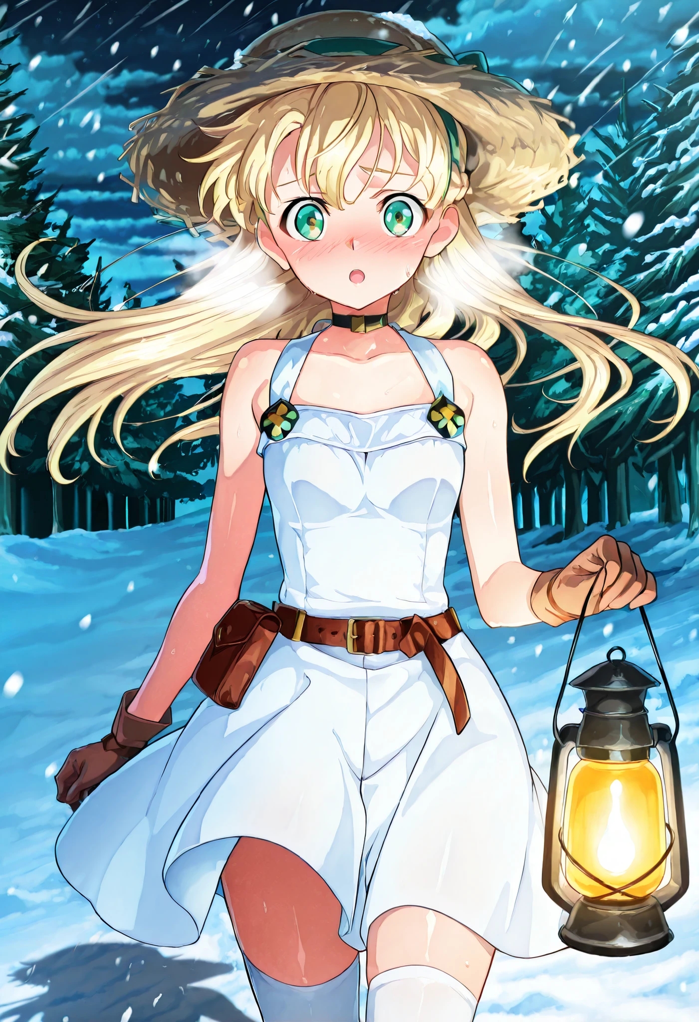 absurd, (absurd_resolution), masterpiece, best quality, (best illustration), (best shadow), ultra-High resolution, score_9, score_8_up, score_7_up, BREAK source_anime, (1girl, solo), shiny skin, perfect eyes, anime style, detailed eyes, anime_coloring, anime_screencap, blonde hair, green eyes, hairband, French braid, choker, jewelry, belt, pouch, white dress, sundress, sleeveless dress, white knee-highs, sun hat, hat, :o, floating hair, looking at viewer, holding lantern, night, gloves, worried, blush, nose blush, heavy breathing, forest, snow, storm, walking, cowboy shot,