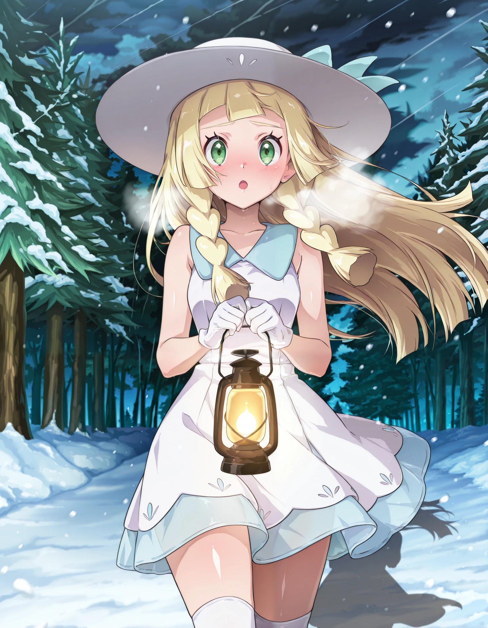 absurd, (absurd_resolution), masterpiece, best quality, (best illustration), (best shadow), ultra-High resolution, score_9, score_8_up, score_7_up, BREAK source_anime, (1girl, solo), shiny skin, perfect eyes, anime style, detailed eyes, anime_coloring, anime_screencap, lillie (pokemon), long hair, twin braids, blunt bangs, green eyes, white dress, sundress, sleeveless dress, white knee-highs, sun hat, hat, :o, floating hair, holding lantern, night, gloves, worried, blush, nose blush, heavy breathing, forest, snow, storm, walking, cowboy shot,