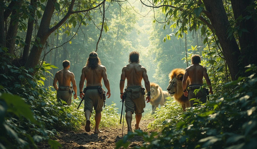 Two cavemen, fixing a sports vehicle, a caveman with a big nose 