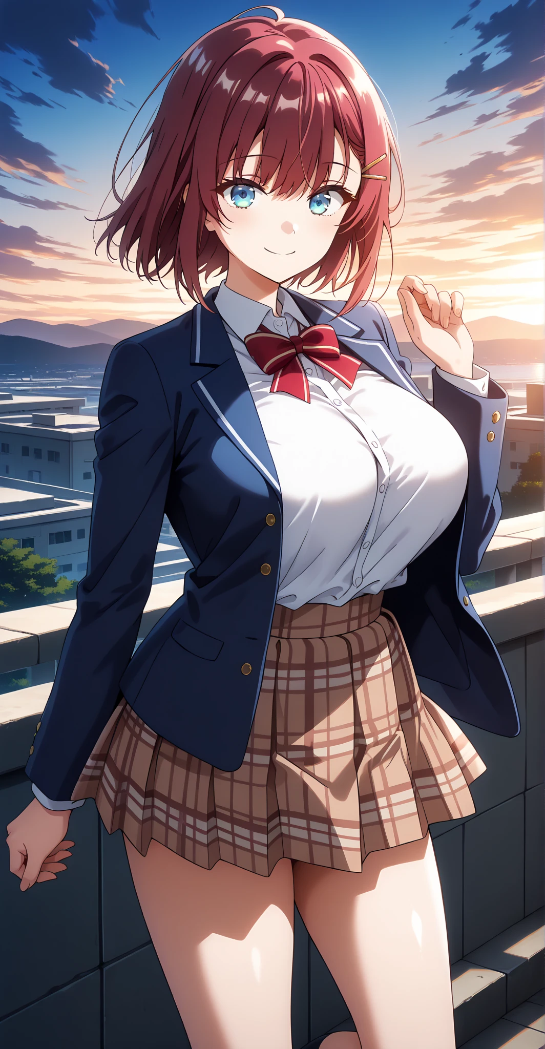 1girl, cowboy shot, beautiful Nobara, school_uniform, bangs, jacket,, volumetric lighting, best quality, masterpiece, intricate details, tonemapping, sharp focus, hyper detailed, trending on Art Station, 4k,full body, backwards, looking back , sexy , big tits poking under thin shirt