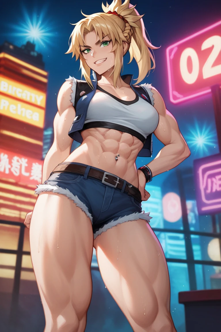 masterpiece, Ultra -HD, 8K, digital anime, bedroom alone, crossdresser alone, no muscular boy's body, pink long hair of pink emphasis, gay hentai Anime, Tall,17 old a boy, make a bicep on your right arms, Small breasts, full body, one beautiful boys face, pink lipstick, blushing face, Fair skin, Black police hat with skull and crossbones, transparent clothes, white tank top emphasis, Actually male, Breast visible, see-through breasts, belly button exposed, micro denim shorts, crotch emphasis, sexy fish nets, legs spread, lovestruck face, sexy pose, The crotch bulges a lot, The crotch bulges a lot, Handcuffs are hanging from his denim shorts, black high heels