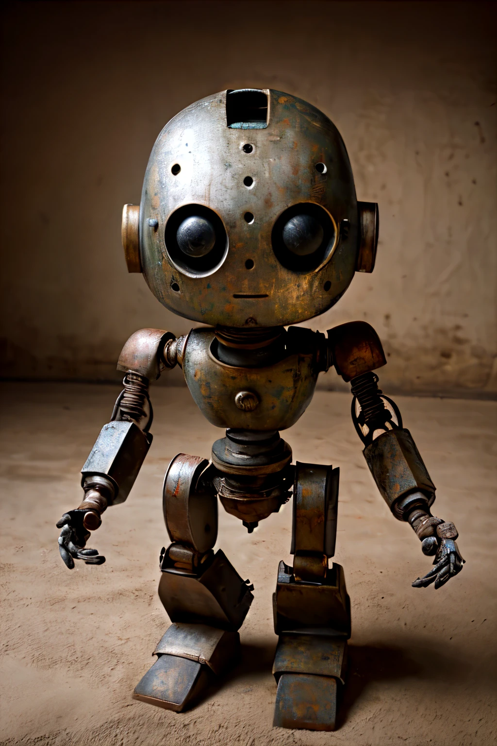 A pretty robot made of rusty metal, Very toon, I believe in the old CCCP, with a head and helmets with Friday the 13th style mask , with big eyes and a detailed texture , on a clean background with DARK colors , with a centered composition and a vintage touch, holds a paper sign that reads "ZERO MINUS ", of 8k , fine textures ,high-quality textures of the materials, volumetric textures, texturas naturales, (natural colors, Correct white balance, color correction , TEN,clarity),raw, bright colors, intricate, shadows of photography, of 8k ic