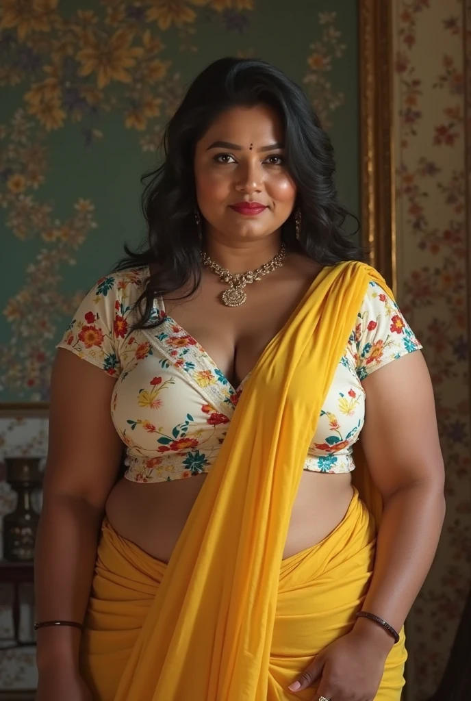 Hot and sexy indian aunty, gigantic breasts, cleavage, in blouse and paavada showing medium chubby navel and cleavage standing in laboratory (afternoon time), standing & model pose, beautiful body, masterpiece, ultra realistic,detailed, 16 k , Film type light, potrait photography,camera angle front, looking at viewer, navel exposes, milfy figure
