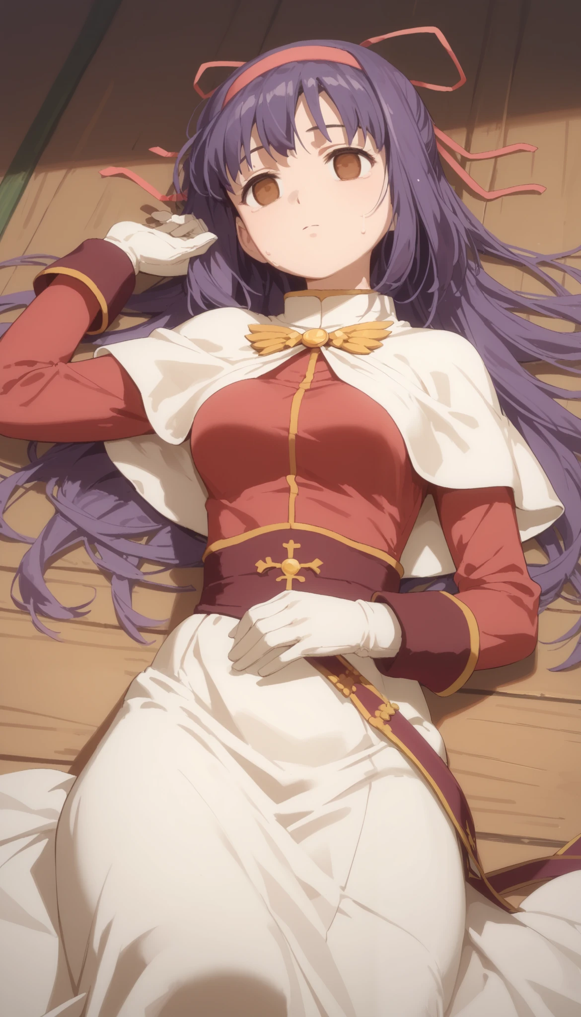 ((masterpiece,best quality)), { : } { solo : 1 girl } { ({ (ragnarok yufa, long hair, ribbon, hair ribbon, , purple hair, hairband, sidelocks, brown eyes, medium breasts, ,, perfectly_shape_breast : perfectly_slender_body } { long sleeves, capelet, white capelet, gloves, white gloves, dress, red dress, skirt, white skirt } { , { : :}skinsuit, girl costume, deflated, wrinkled, lying on floor, empty eyes, no humans, } { sweating : tears } { } : dark, messy bedroom : }
