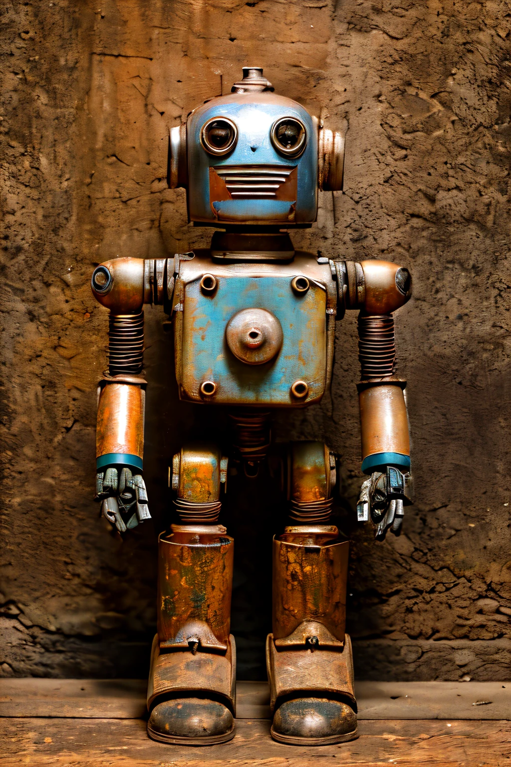  A pretty robot made of rusty metal ,  with big eyes and a detailed texture ,  on a clean background with DARK colors ,  with a centered composition and a vintage touch,  holds a paper sign that reads  "Will Work for Oil ",  of 8k  , fine textures ,high-quality textures of the materials, volumetric textures, texturas naturales, (natural colors, Correct white balance,  color correction , TEN,clarity),raw, bright colors, intricate, shadows of photography, of 8k  ic