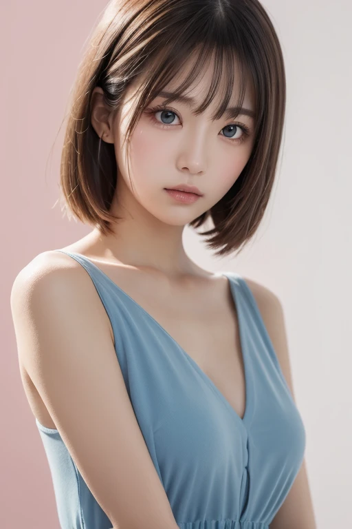 masterpiece, best quality, highres, serena (pokemon), short hair, blue eyes, 1girl, solo, blue ribbon, eyelashes, neck ribbon, sleeveless, bangs, collarbone, bare arms, pink dress , red coat, white background, front, no scenery, looking at the viewer,upper body, facing viewer, solid color background, clean background, facing the camera, high resolution, expressionless calm face, white back ground, looking away, simple_background