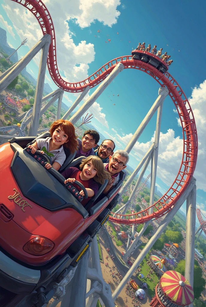 A dozen friends playing roller coaster in a large amusement park