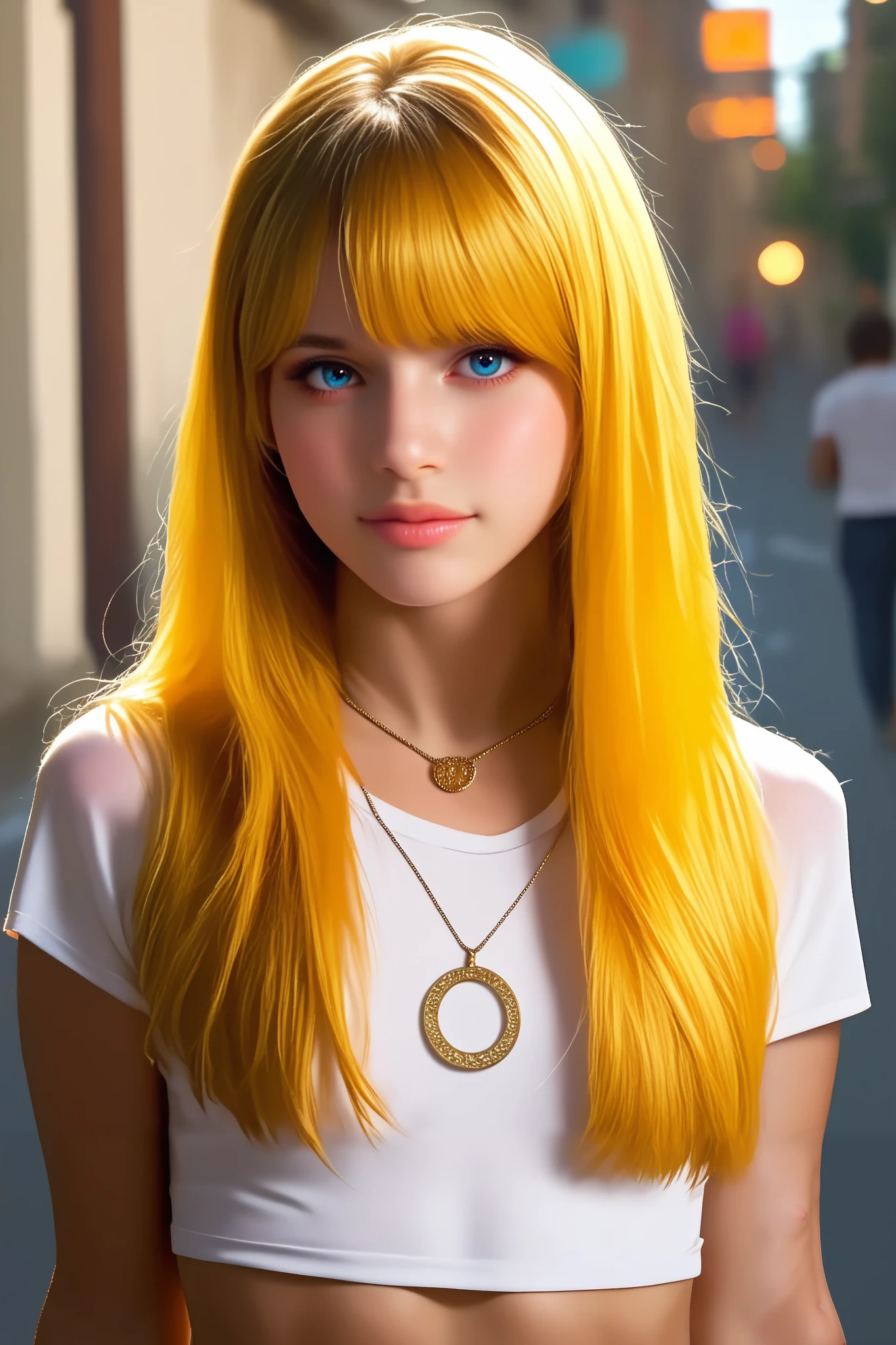 score_9, score_8_up, score_7_up, 1 girl,long blond hair with bangs, flat chest, fitted white cropped t-shirt, cropped shorts,  navel  , necklace, standing in the street,