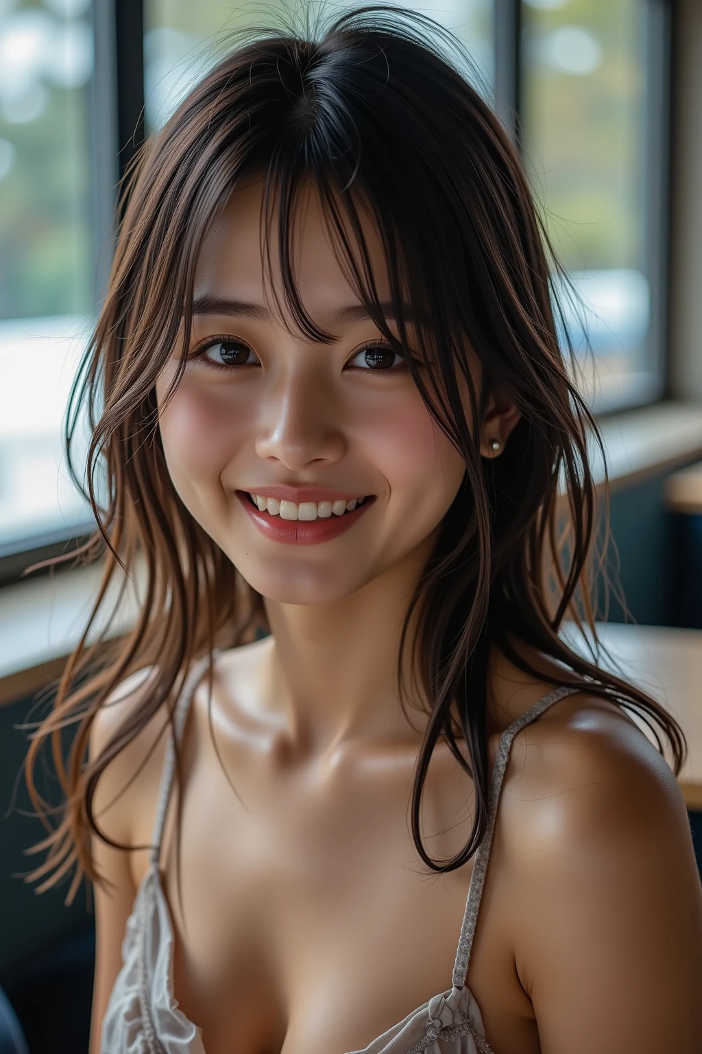 highest quality, masterpiece, ultra high resolution, (realistic:1.5), (close portrait) Raw photo, 1 girl, 22 years old,Face super close-up,face reflected in the mirror,Super close-up photo,((my face is wet too)),((just out of the bath)),((In bath towel)),(((Horizontal))),((wet hair)),face moisturizing cream,Fine, clean skin,transparent skin,(smile),((smiling showing teeth))masterpiece, realistic pictures, japanese pictures, saturation, contrast, Short permed hair,