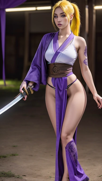 Masterpiece, highlydetailed, Hyperrealistic, HD fullbodyshot from below of a beautiful Tsukuyo from gintama, wearing a falloff shoulders geisha outfit, smoking pipe, face stitchs, purple Eyes, blond hair, hairpins, high heels, hand fan , perfect face features with serious gaze looking downward, perfect body shape with curvy and muscular seductive body,