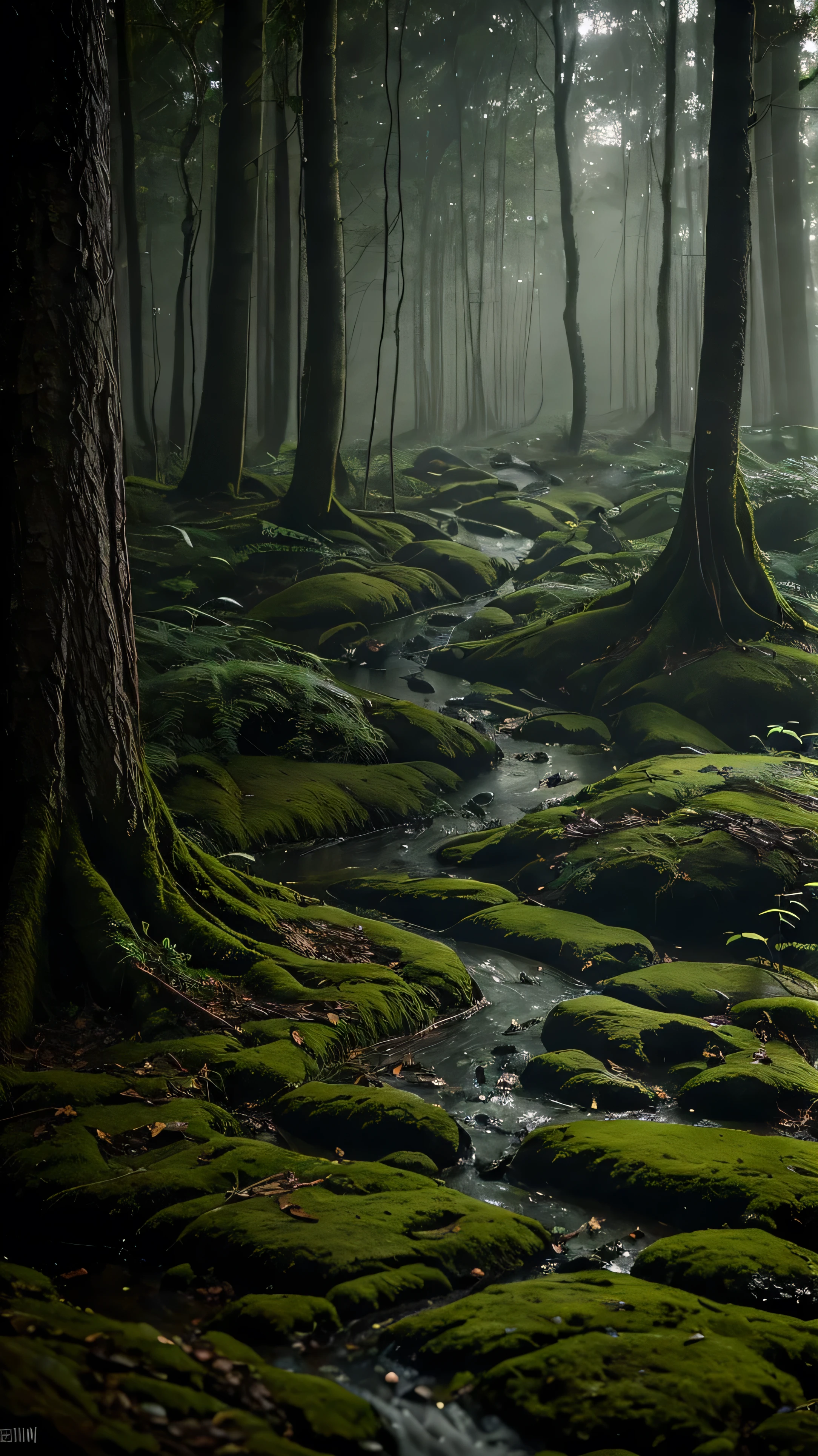 The morning recedes in a small forest hidden from the outside world. The thin mist still hovers between the trees, spins slowly around the trunks of sturdy old trees. Morning dance is faintly audible—the earthy birdsong, gentle friction of the foliage, and gurgles the dripping water from the rain echoes into the damp ground. The moss stones reflect the golden light of the moonlight that begins to penetrate the canopy gap, creates a moving shadow on the ground decorated with protruding roots.    In the distance   , the mountain looks like a mute silhouette, standing firm in the arms of a slowly dancing morning mist. Everything feels magical, as if this forest holds a secret which is only open to those patient enough to hear nature's whispers.

