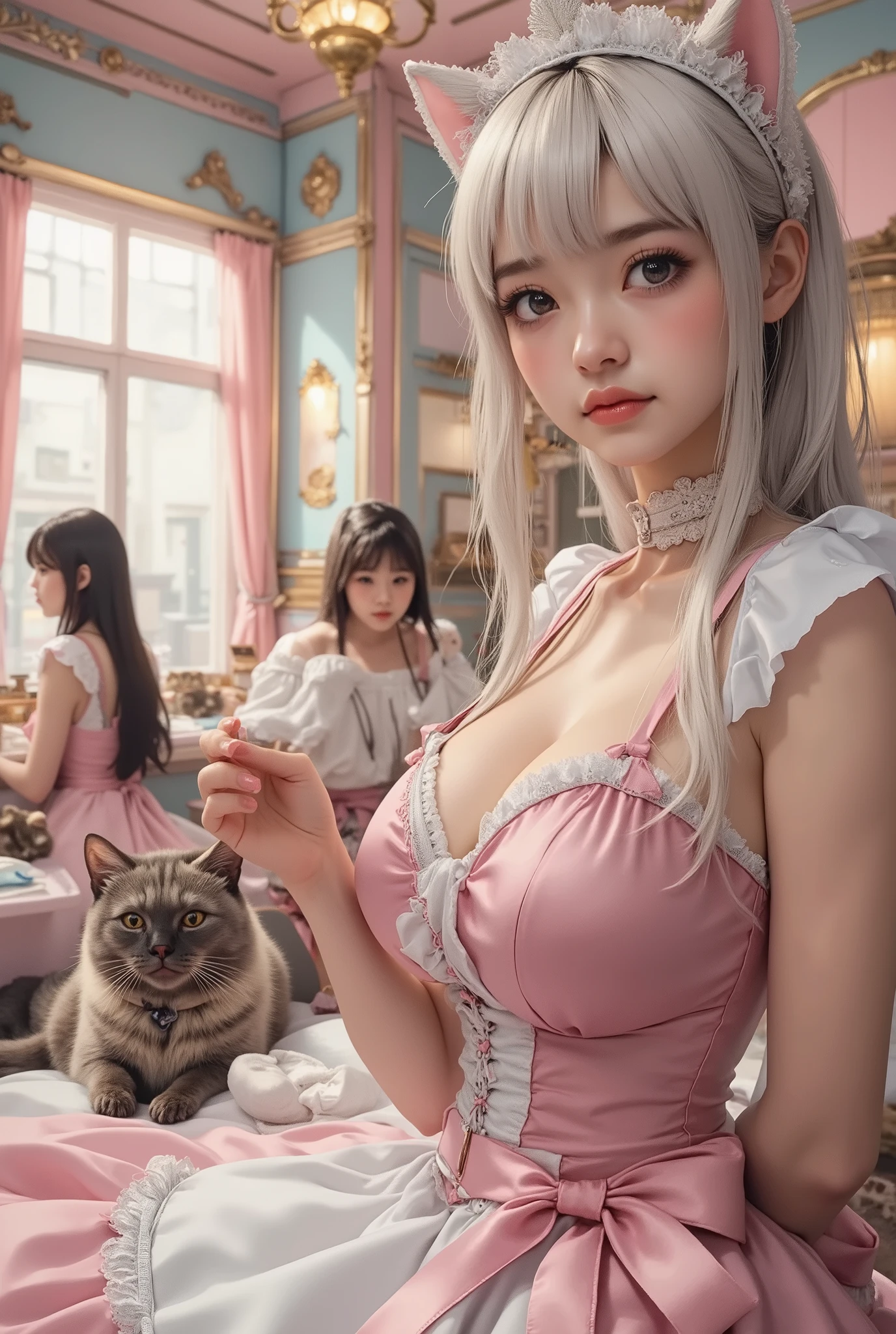 score_9, score_8_up, super realistic depiction, high resolution, masterpiece, highest image quality, high definition, 4K quality, 8K quality, beautiful girl, japanese, twenty years old, sexy maid, (((white hair))), long hair, white headband, (((smile shyly:1.8))), stare, long eyelashes, (((big brown eyes))), blush, pink lip, (((tilt one's head:1.4))), (((pink and white sexy french maid costume:1.4))), (((holding cake and coffee cup in hand:1.4))), (((Pastel colored maid cafe:1.4))), (((Inside the store is lively with female customers))), (((several cats are lying down))), chandelier