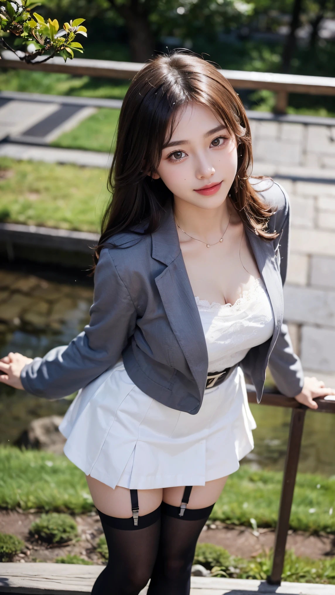 8K, Ultra-high resolution, Highest quality, masterpiece, 三分割法によるphotograph,Surreal, photograph, 1 Girl, (16 years old:1.3), pretty girl, Cute face, Beautiful eyes in every detail, 細かくdetailedに,masterpiece,, One Girl:1.2, Japan Female Announcer,whole body, ((Biologically correct limb count))、((whole bodyショット, 顔を含むwhole bodyphotograph、頭からつま先までのphotograph))、((Focus on the face))、((Symmetrical facial features))、（(Shiny black stockings、shiny leather skirt、White Leather Jacket、High heels with anklets)）、((Sitting on the edge of a fountain in the park early in the morning, Look straight into the camera))、whole bodyの接写、Panty shot,Beautiful leg line beauty,Captivating thighs,A carefree smile,Heal the heart,Black Hair,Short Bob,Looking at the audience、beauty,Long neck、Laugh a little、Please close your mouth and laugh、(((Ideal body type))),A cup small breasts :2,、Portraiture:2、Perfect ???????、鮮明なdetailed、detailed、Surreal、Light and shadow,Strong light 